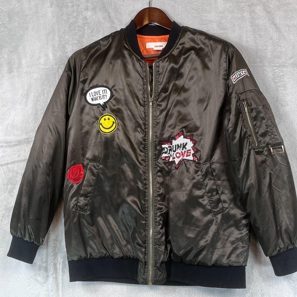 Sans Souci Women M Black Shiny Bomber Jacket Custom Patch Drunk Love Streetwear